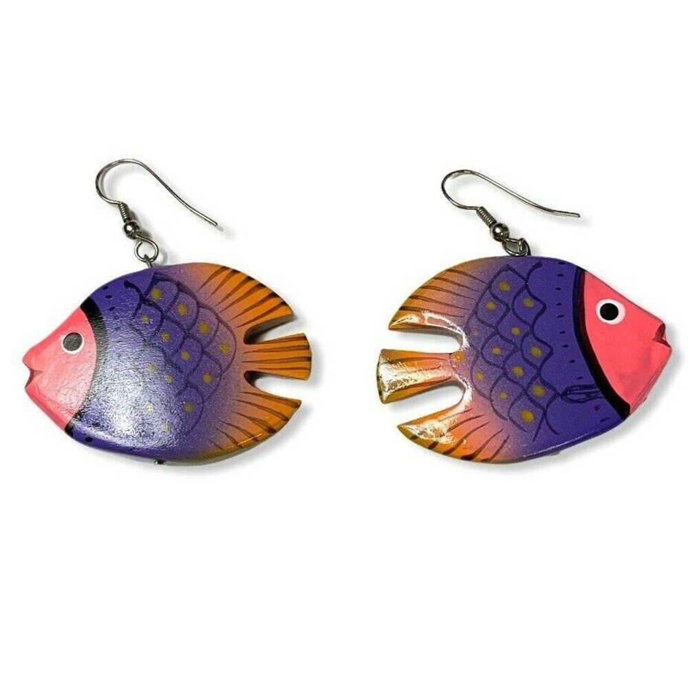 Vintage Tropical Fish Earrings 2" Hand Painted Wood Colorful Purple Pink Beach
